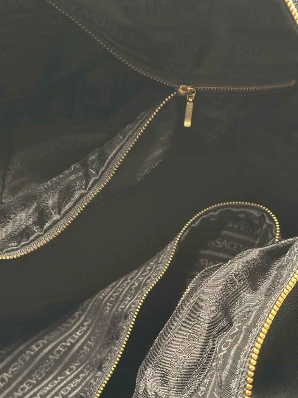 Versace Unisex Black Leather Duffel with Gold Medallion